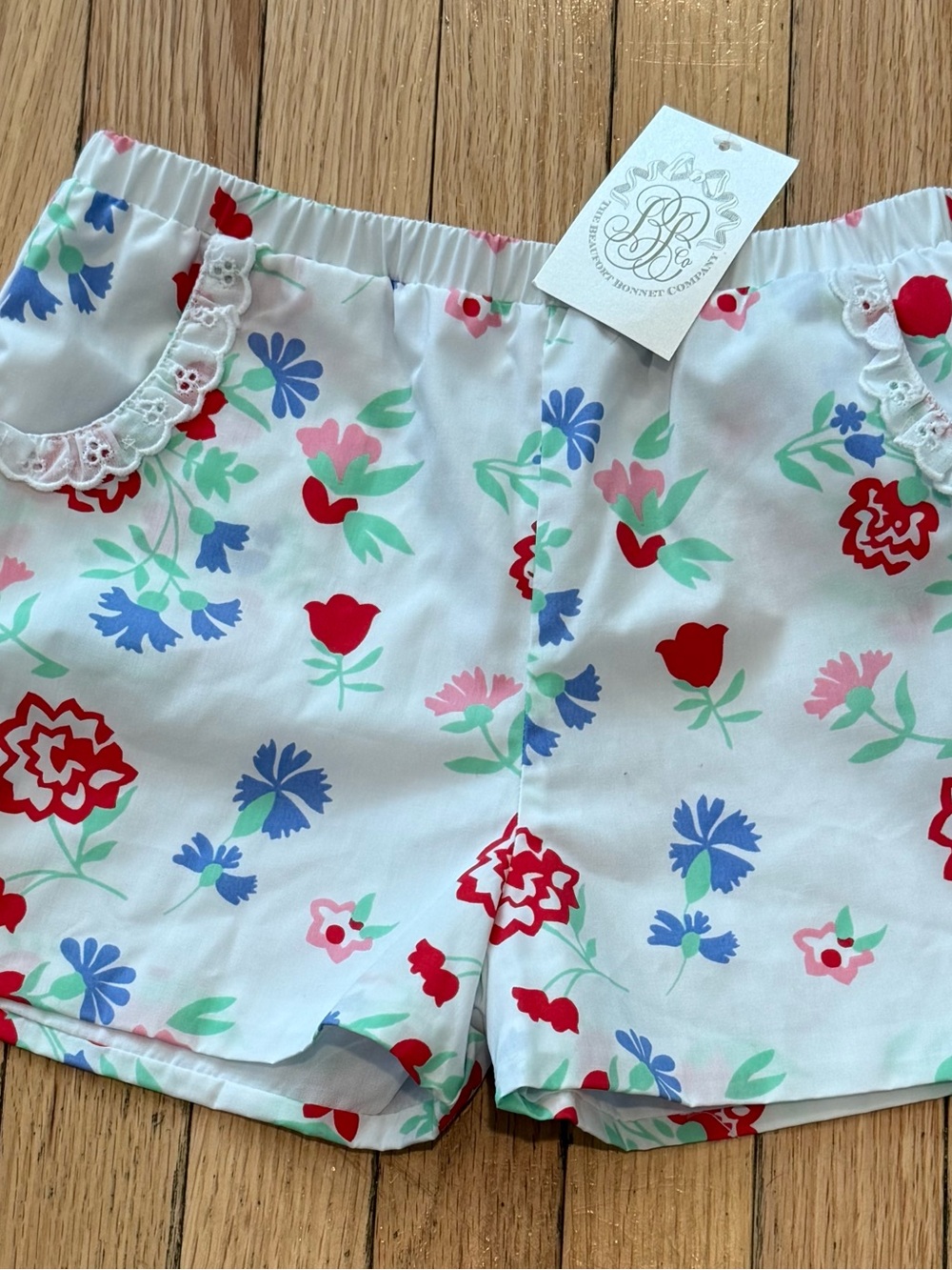 Girls White Floral Cotton Shorts with Lace Trim